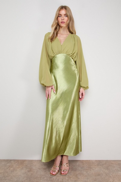 Oasis Plain Balloon Sleeve V Neck Satin Chiffon Mix Midaxi Dress Olive