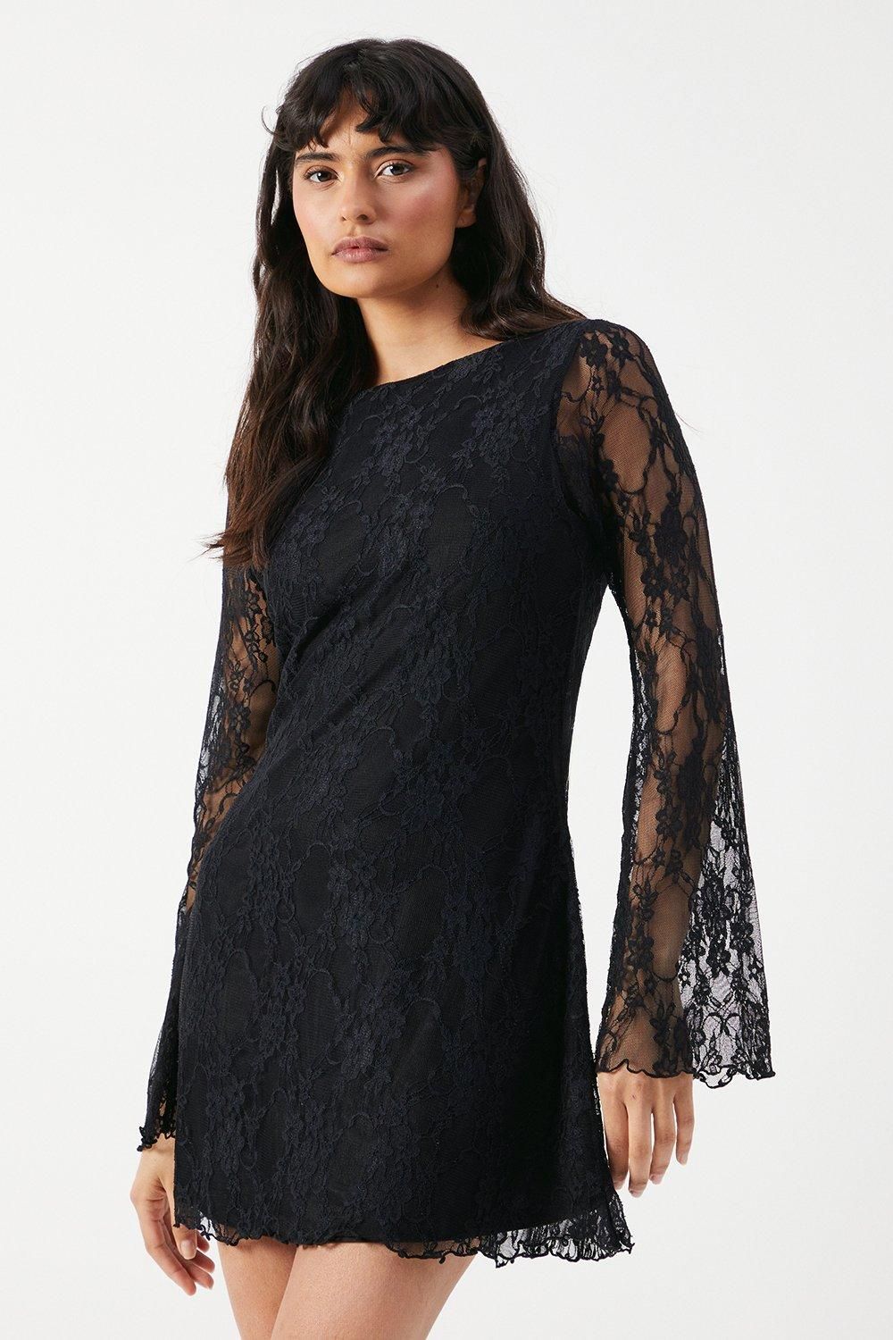 Warehouse Stretch Lace Flared Sleeve A-line Mini Dress Black image 1