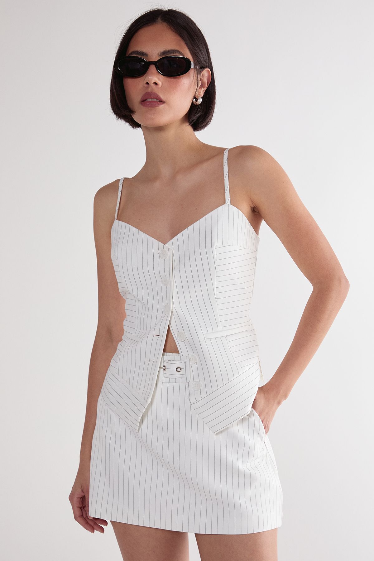 NastyGal Pinstripe Tailored Button Through Bustier Top White image 2