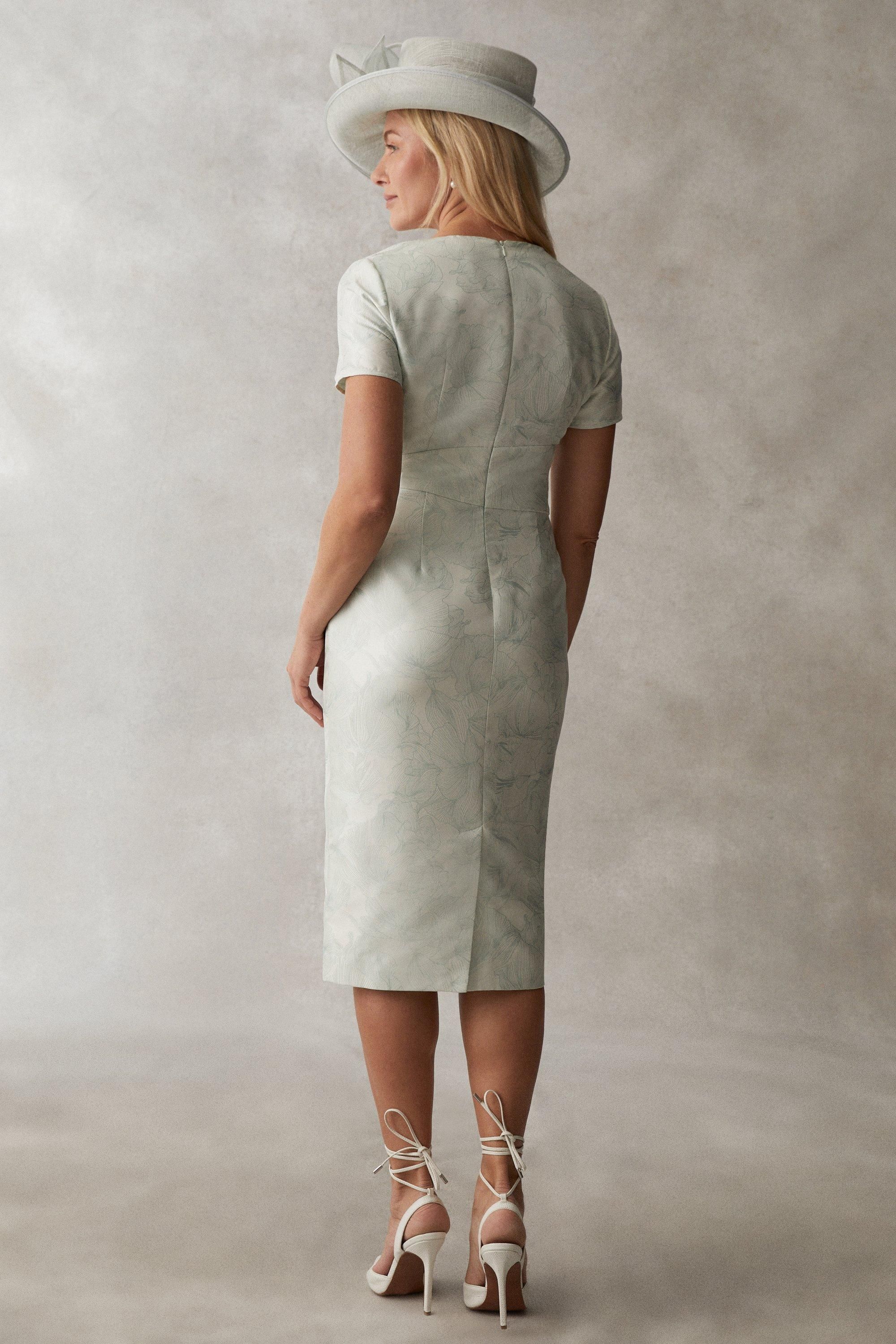 Coast Satin Jacquard Pleat Detail V Neck Pencil Dress Sage image 4