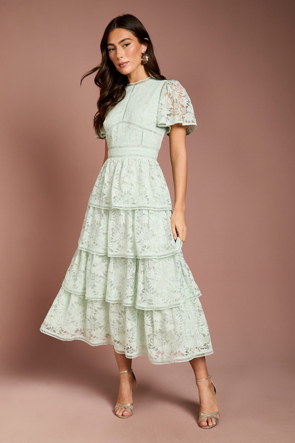Coast Tiered Lace Dress With Flutter Sleeve & Trims Sage