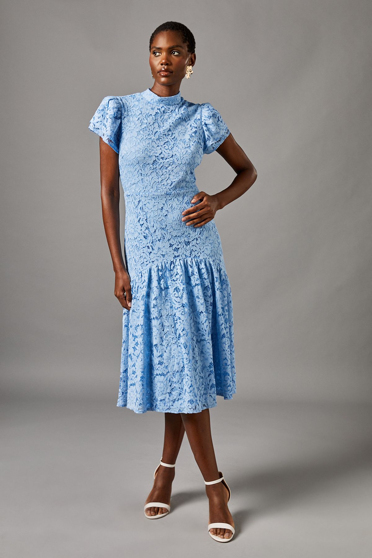 Coast Lace Frill Sleeve High Neck Midi Dress Pale Blue image 1