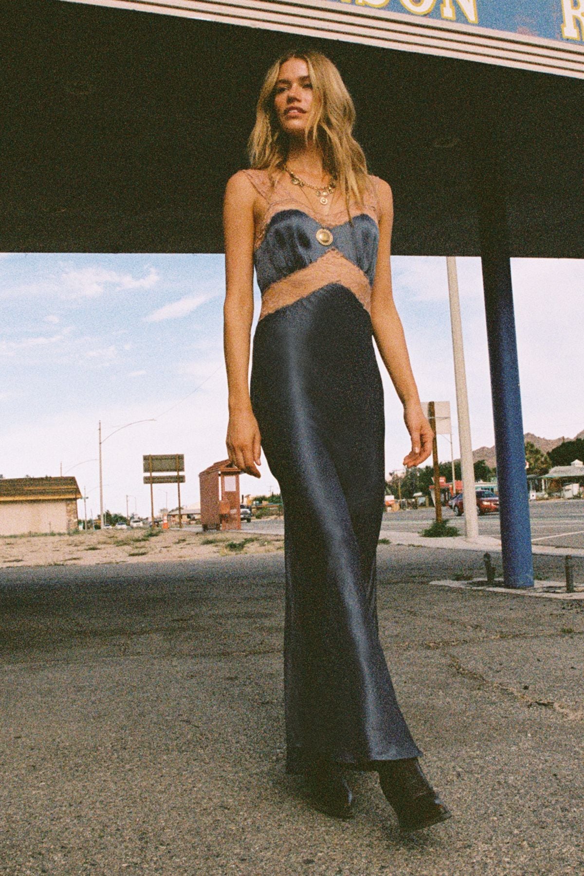 NastyGal Premium Satin Lace Trim Maxi Dress Steel image 1