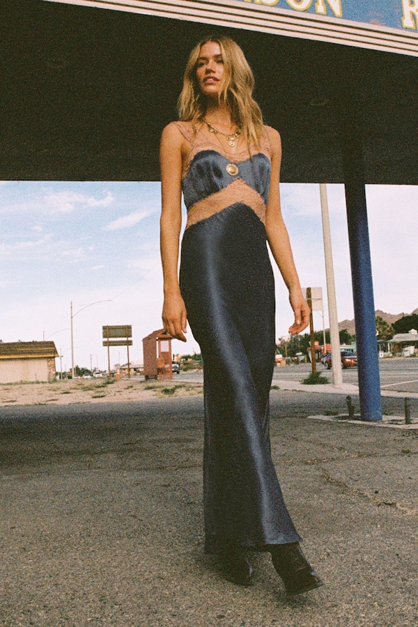 NastyGal Premium Satin Lace Trim Maxi Dress Steel