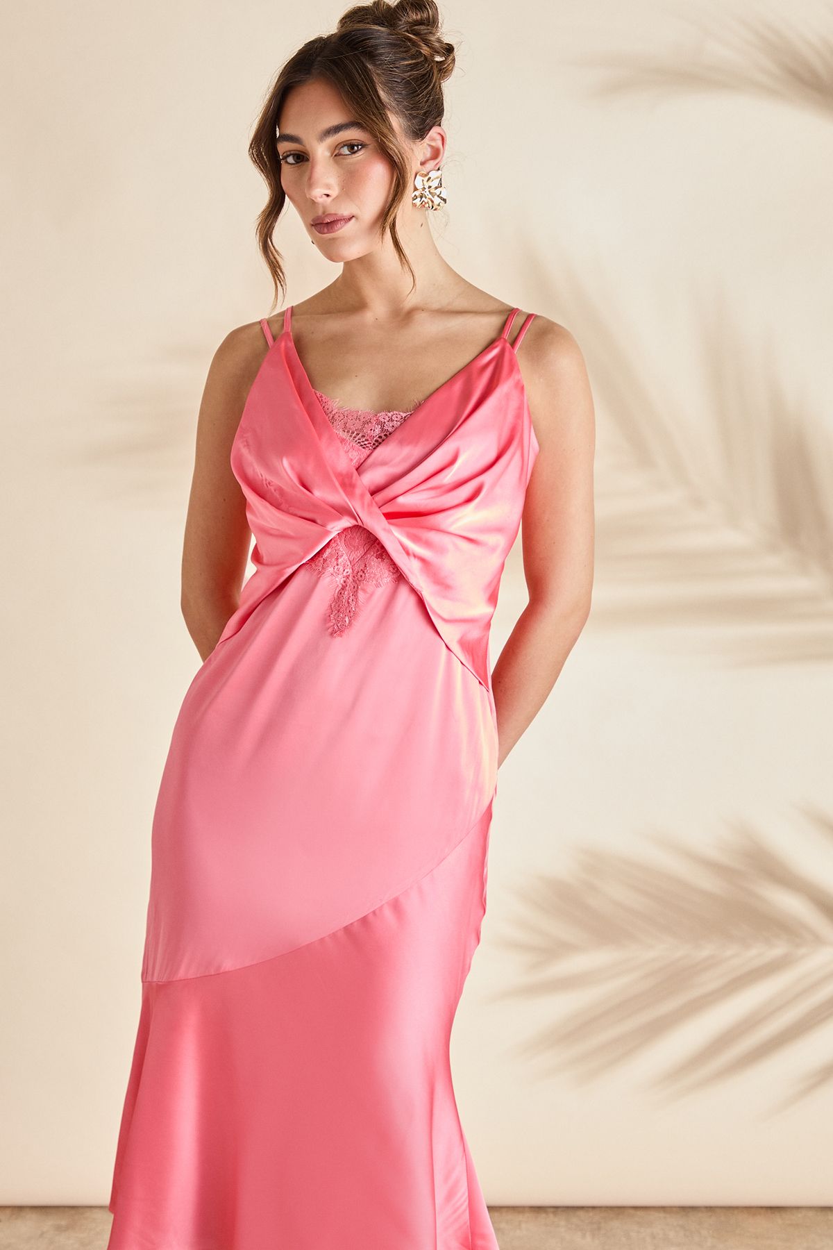 Coast Lace Insert Satin Fitted Dress Peach image 2