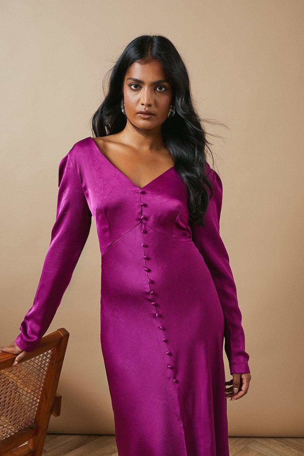 Oasis Satin Button Front Long Sleeve Tea Midi Dress Purple image 4