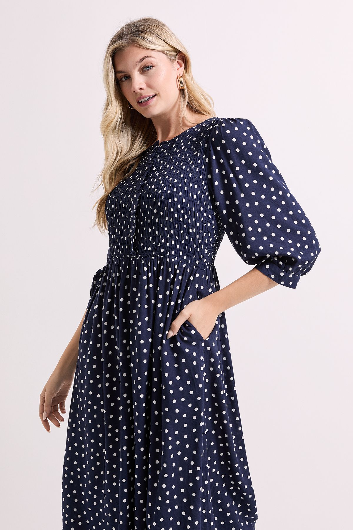 Dorothy Perkins Navy Shirred Bodice Button Detail Midi Dress Navy image 2