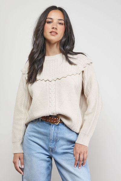 Oasis Cable Knitted Crochet Trim Detail Jumper Stone
