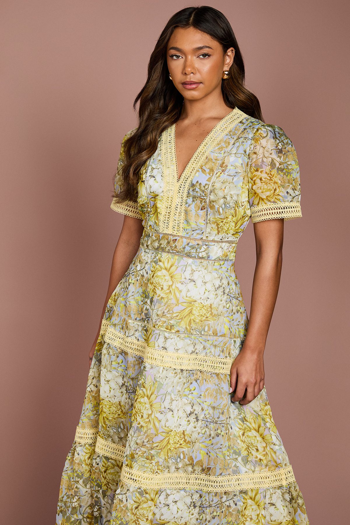 Coast Lace Trim Printed Organza Midi Dress Green image 2