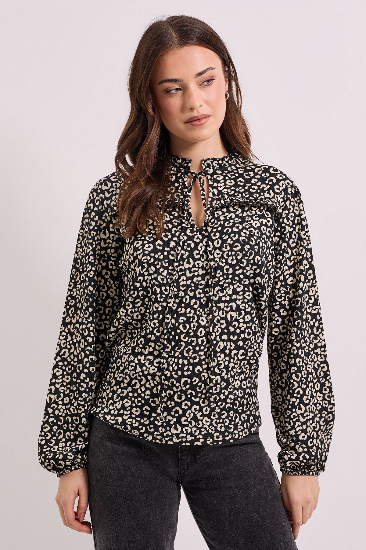 Dorothy Perkins Mono Animal Tie Neck Detail Blouson Sleeve Jersey Top Mono image 2