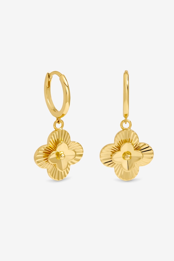 Inicio 14K Gold Plated Diamond Cut Clover Huggie Earrings - Gift Pouch