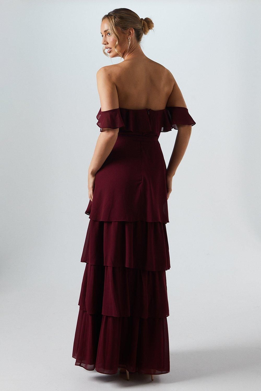 Oasis Bardot Tiered Georgette With Tie Detail Bridesmaid Dress Berry image 3