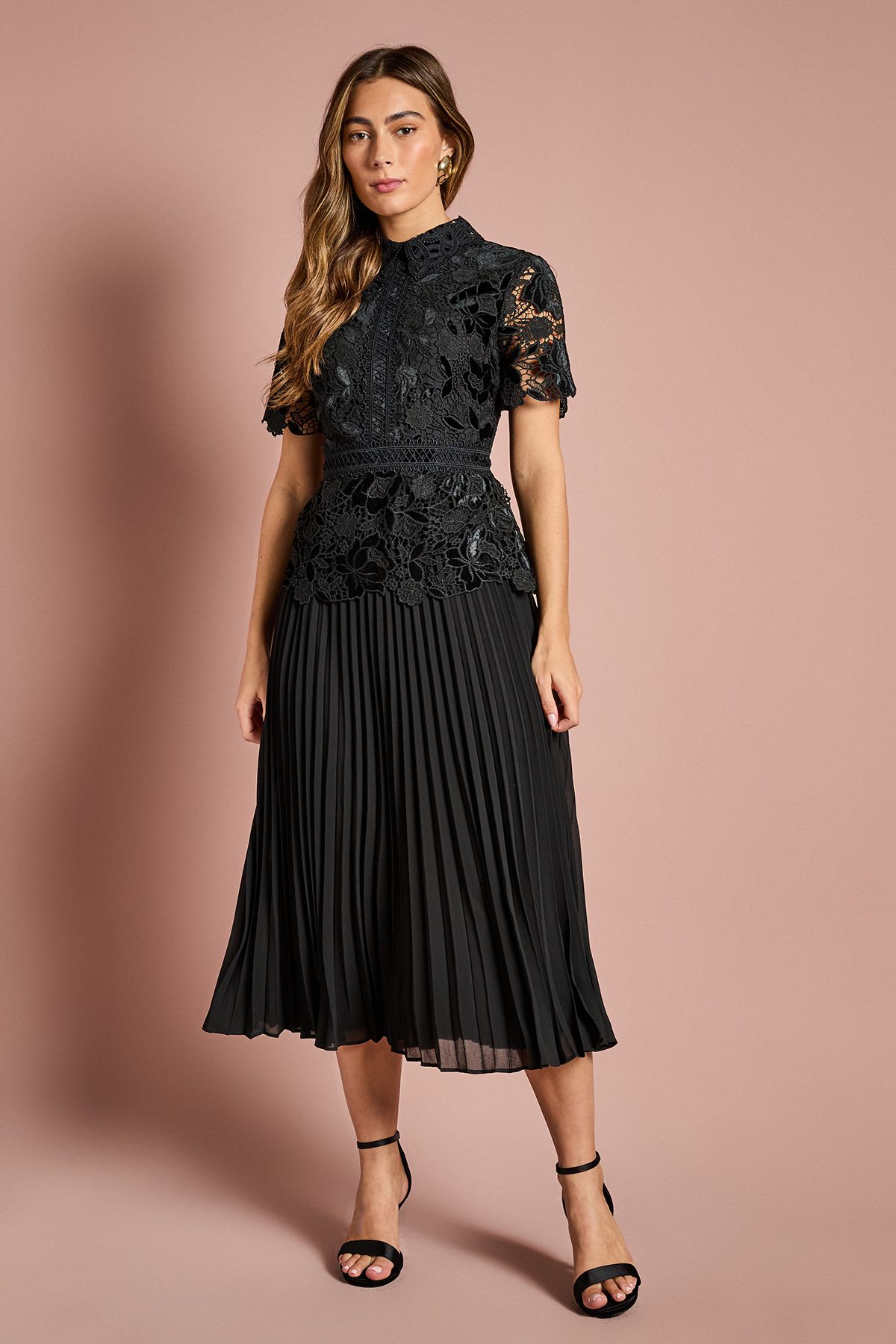 Coast Velvet Cutwork Lace Midi Dress With Contrast Collar Black image 1
