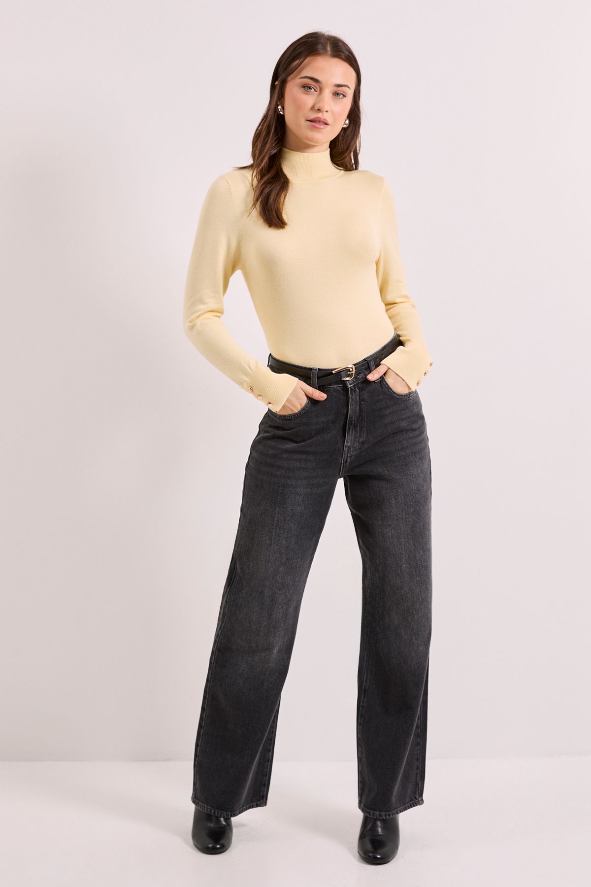 Dorothy Perkins Funnel Neck Button Cuff Longline Jumper Lemon image 2