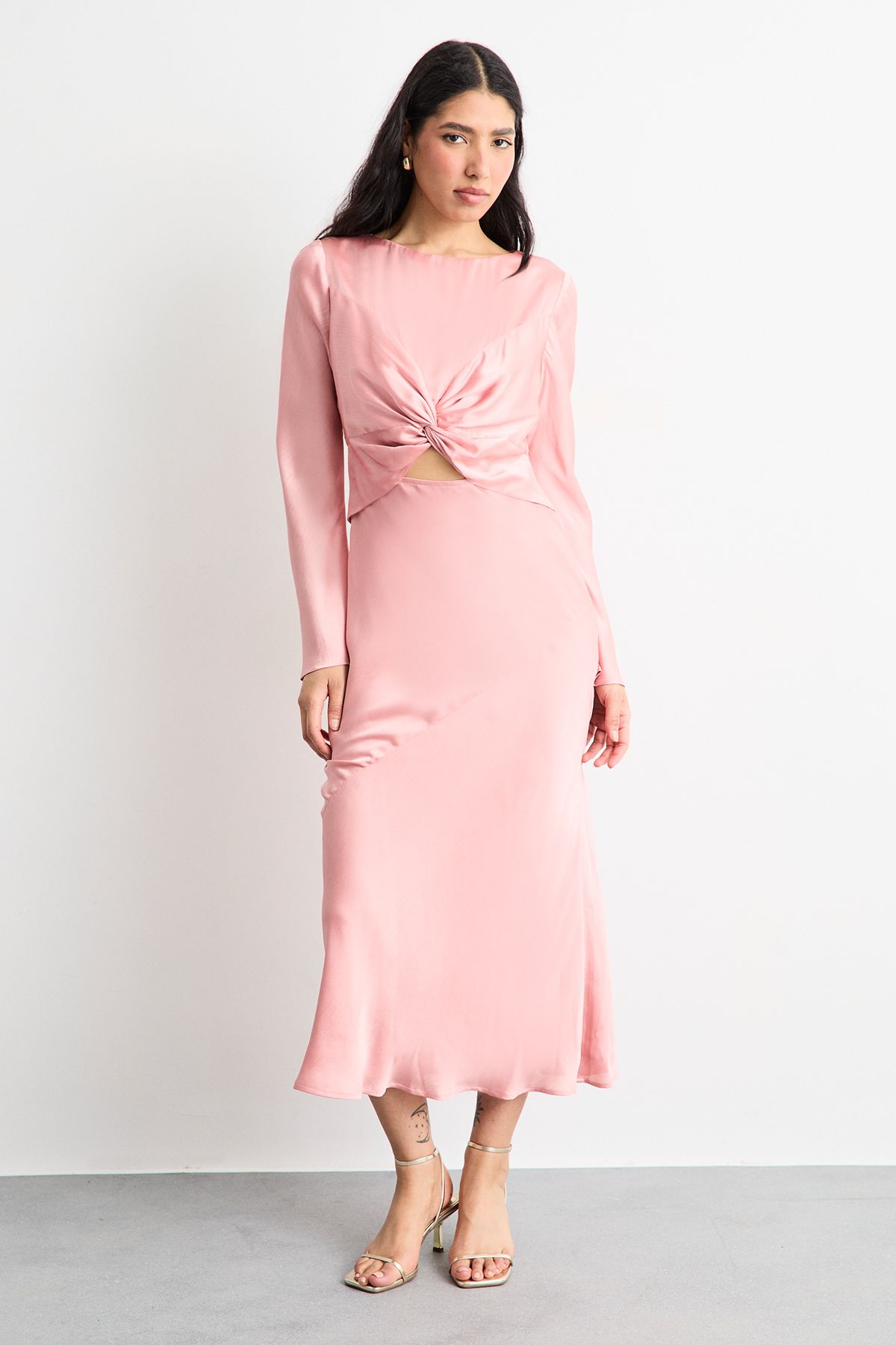 Warehouse Twist Front Cut Out Bias Cut Midi Dress Peach