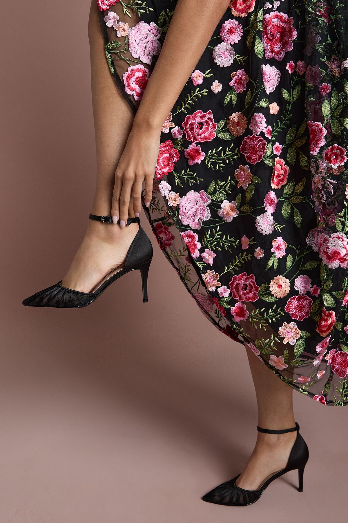 Coast Krystal Satin Mesh Detail High Stiletto Heel Court Shoes Black