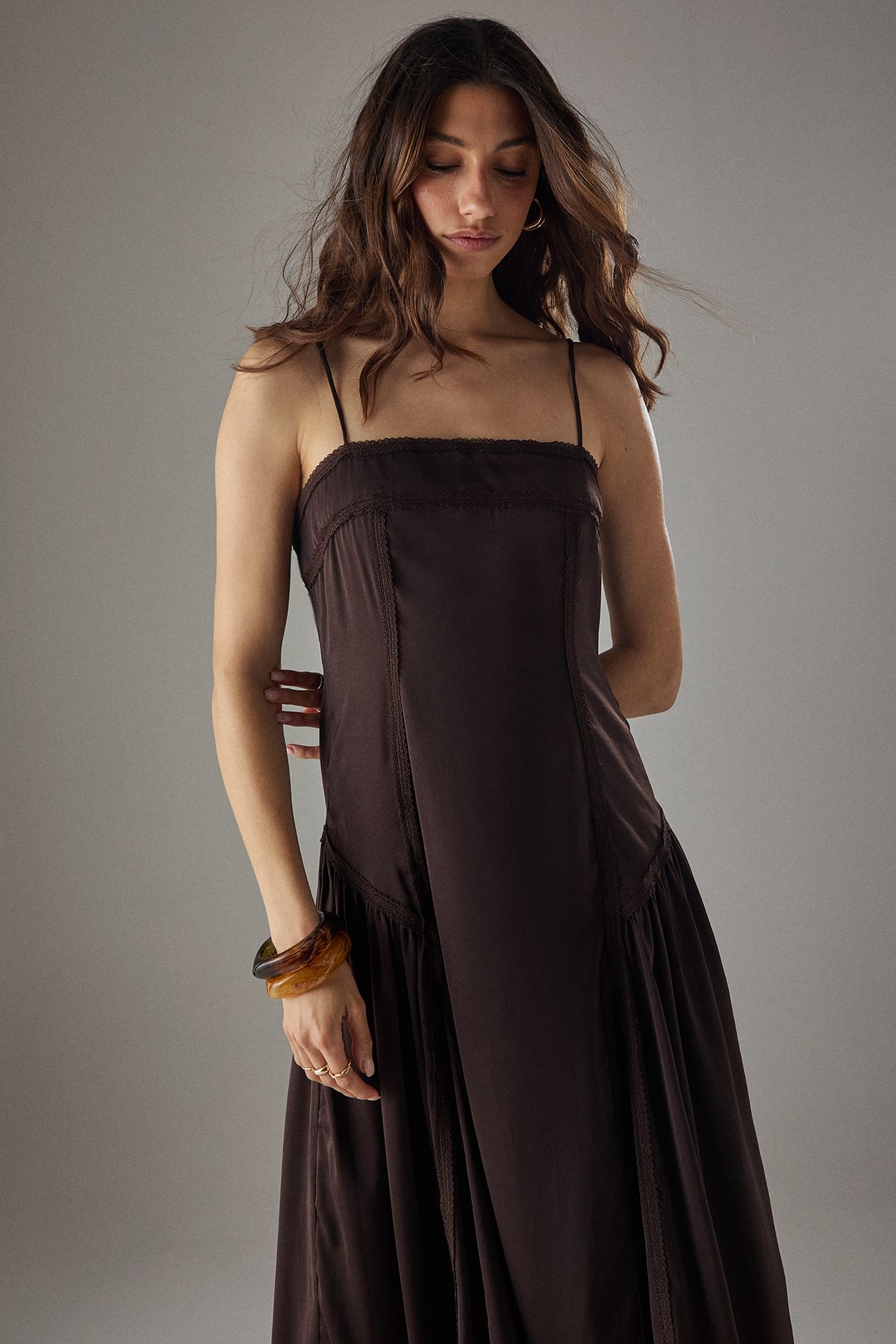 Warehouse Satin Lace Trim Detail Godet Strappy Midi Dress Chocolate image 2
