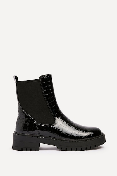 Linzi Landon Black Faux Croc Patent Leather Chunky Ankle Boot