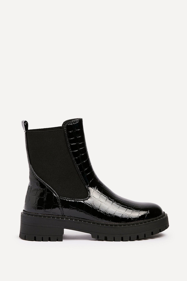 Linzi Landon Black Faux Croc Patent Leather Chunky Ankle Boot