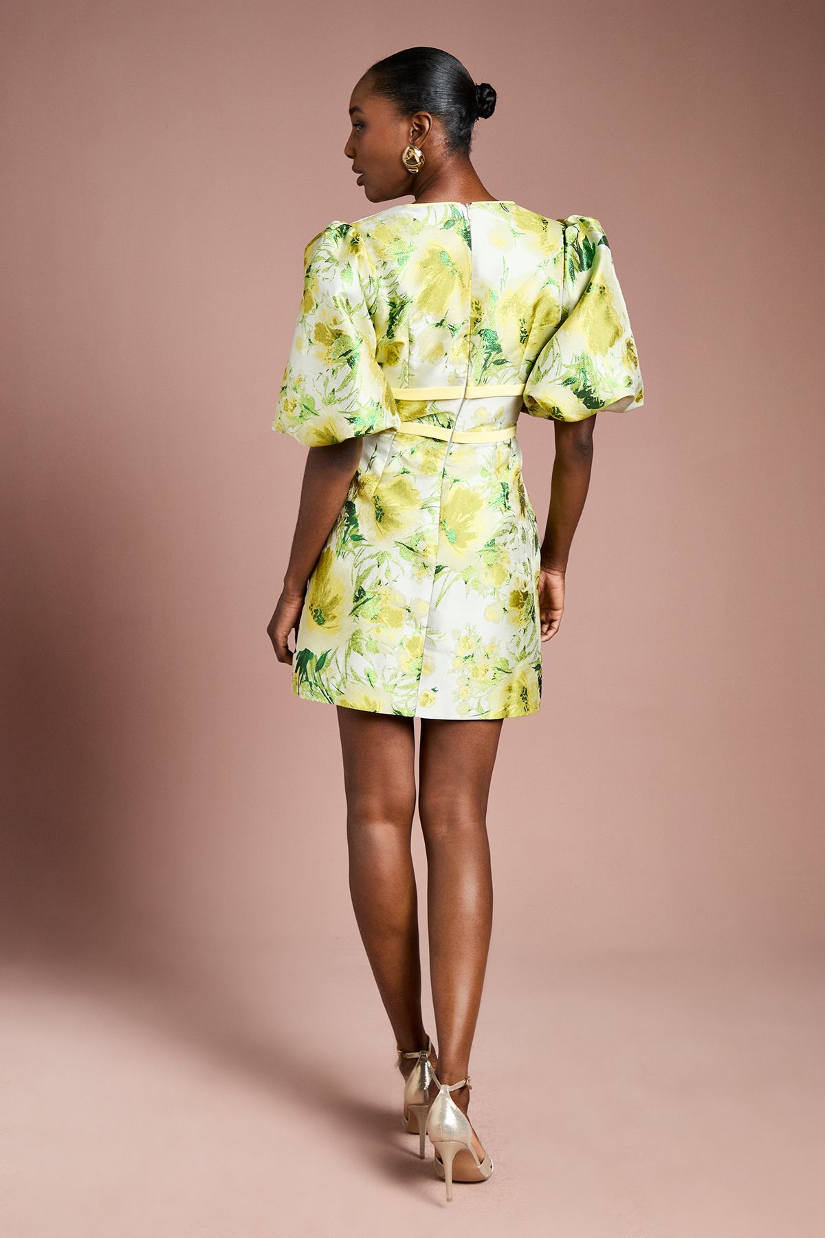 Coast Floral Jacquard Puff Sleeve Mini Dress Yellow image 3