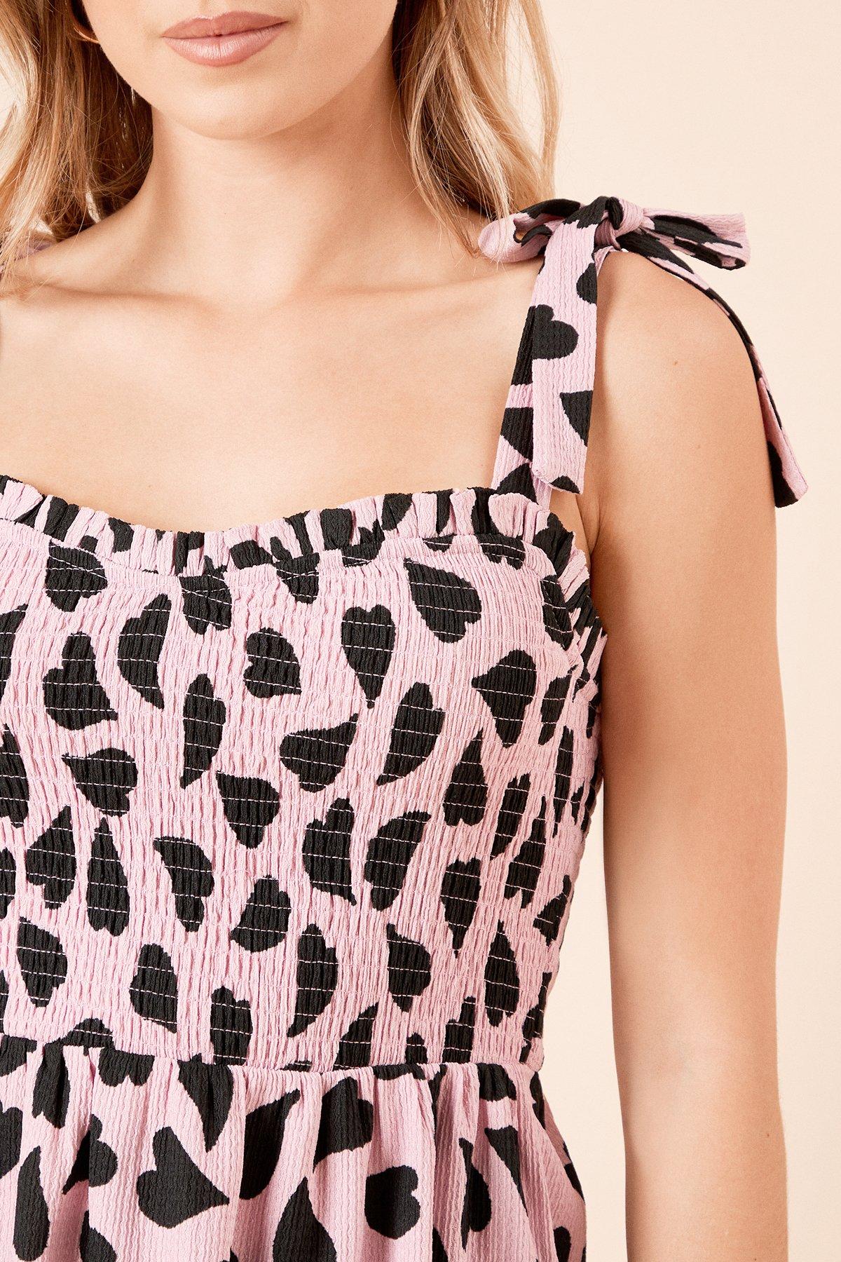 Dorothy Perkins Heart Print Tie Shoulder Shirred Bodice Peplum Jersey Top Pink image 4