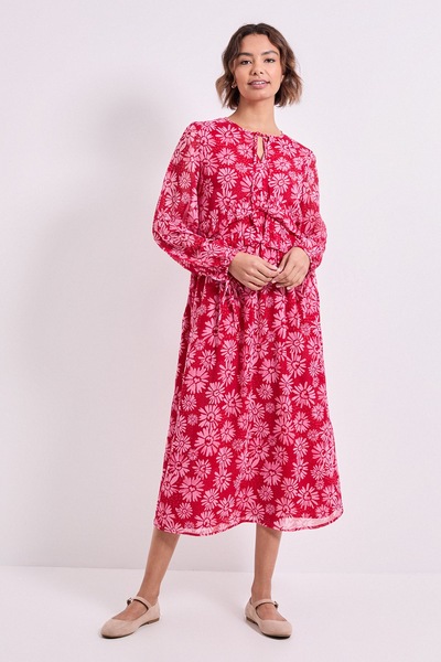Dorothy Perkins Pink Daisy Tie Neck Frill Detail Trapeze Printed Midi Dress Pink