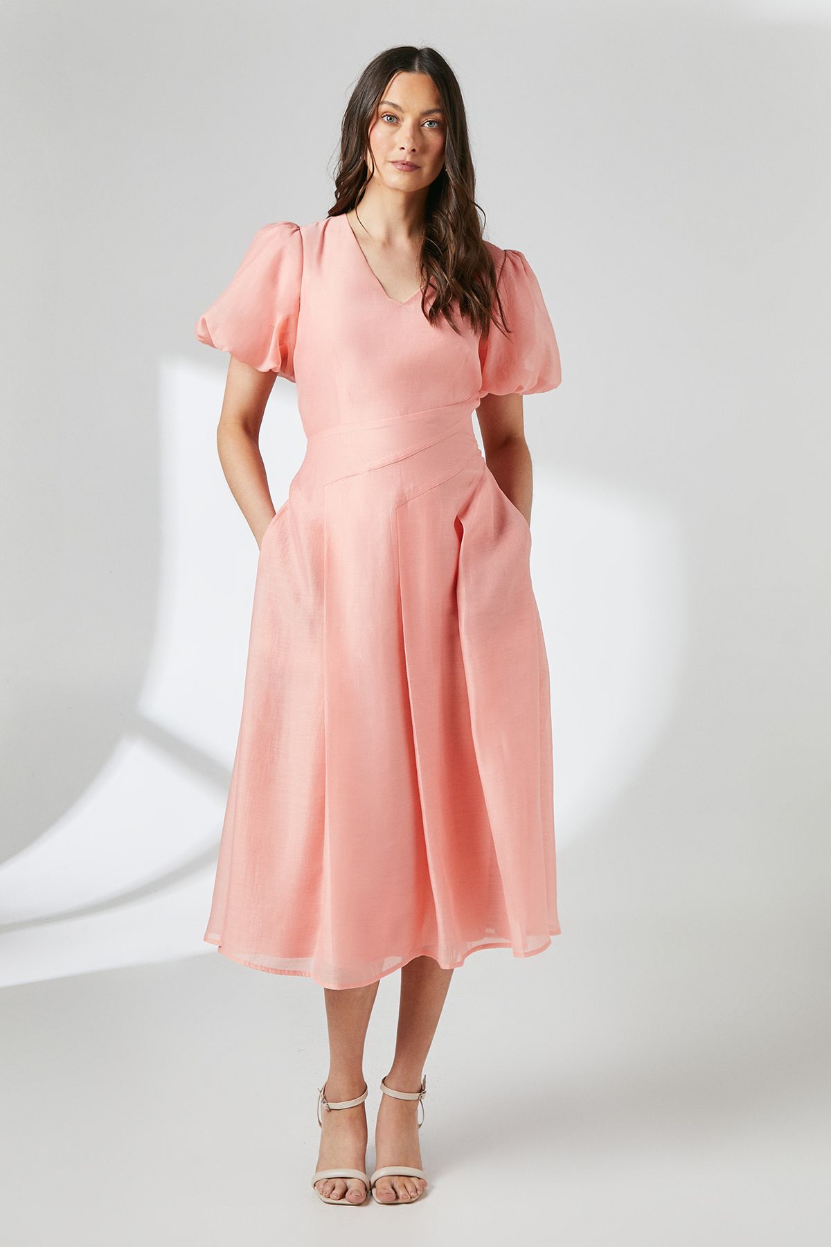 Principles Coral Puff Sleeve Organza Midi Dress Coral image 1