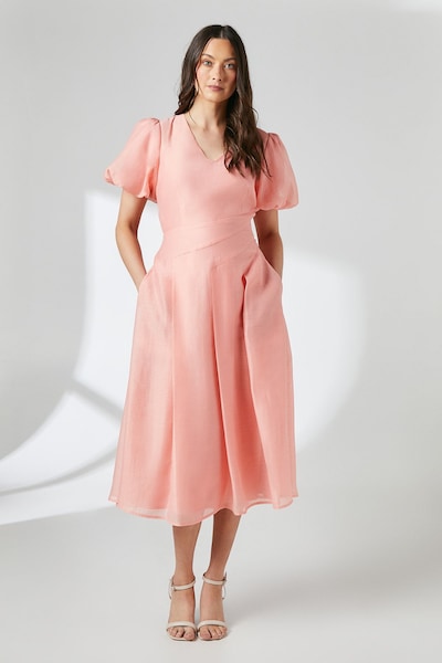 Principles Coral Puff Sleeve Organza Midi Dress Coral