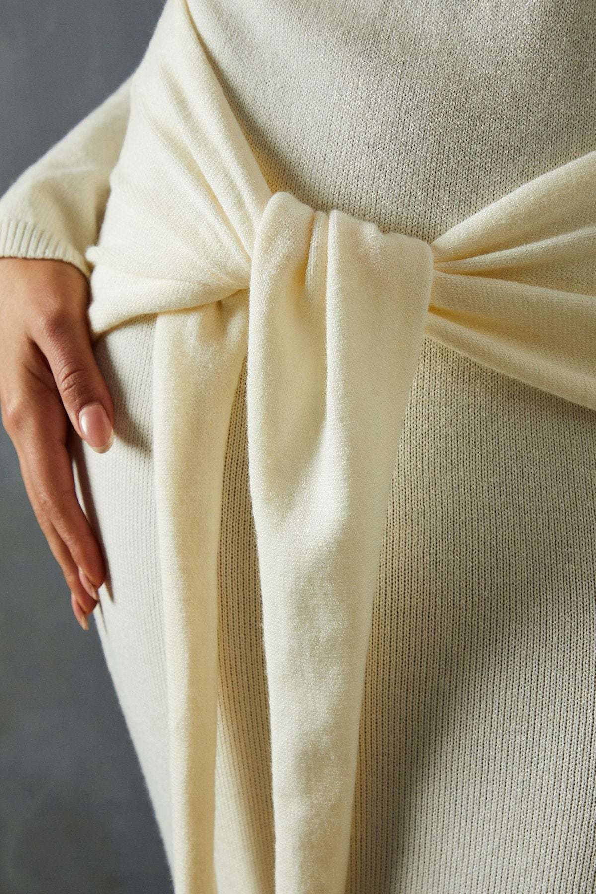 MissPap Knitted Bardot Wrap Front Midi Dress Ivory image 5