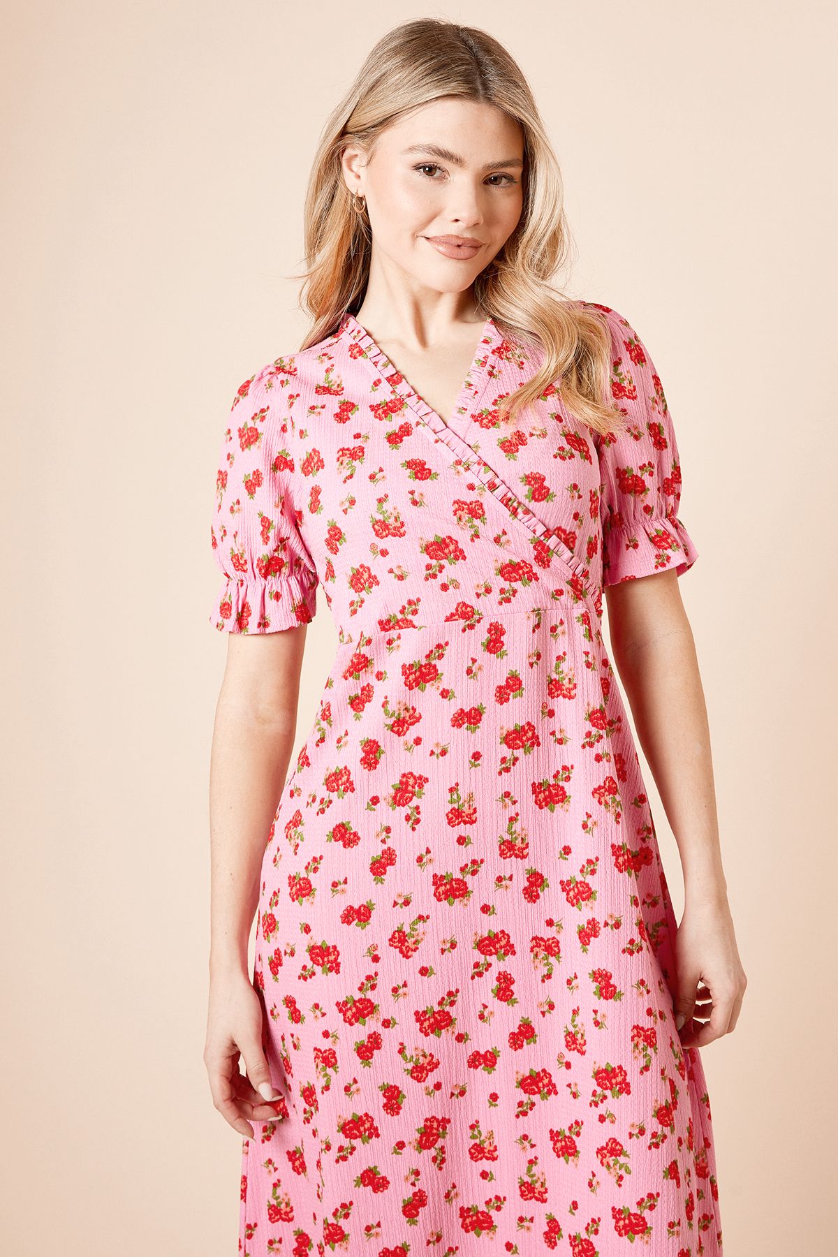 Dorothy Perkins Floral Wrap Front Frill Detail Tiered Hem Jersey Midi Dress Pink image 2