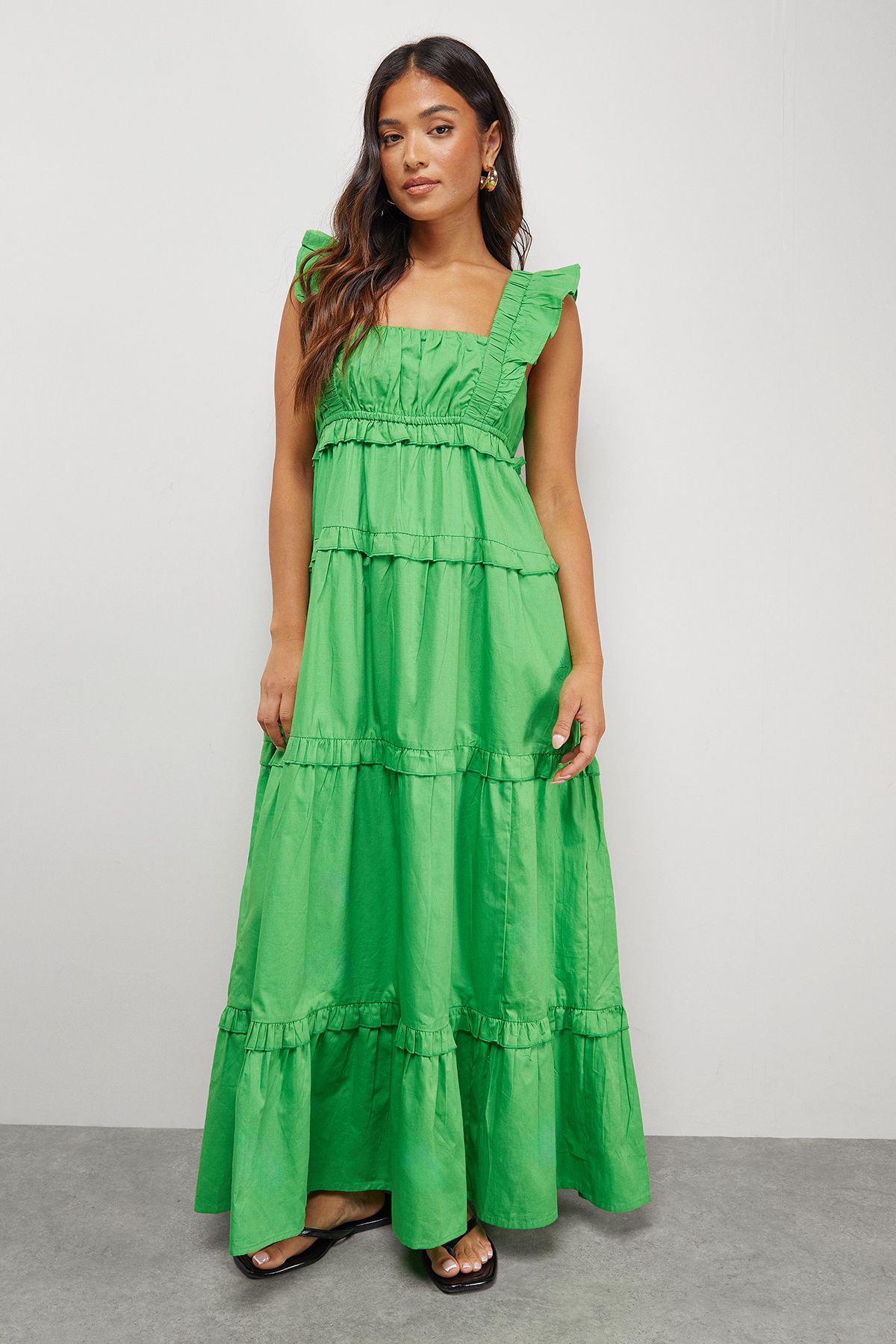 Warehouse Petite Poplin Frill Tier Midi Sundress Bright Green image 1