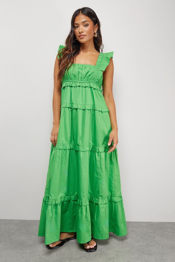 Warehouse Petite Poplin Frill Tier Midi Sundress Bright Green