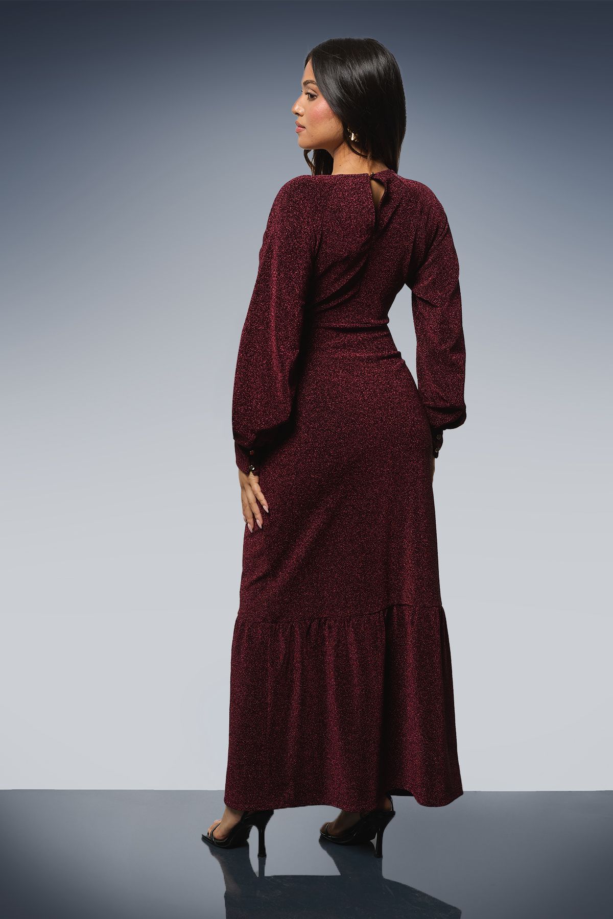 Dorothy Perkins Petite DP Luxe Gathered Neck Split Front Sparkle Jersey Midaxi Dress Berry image 3