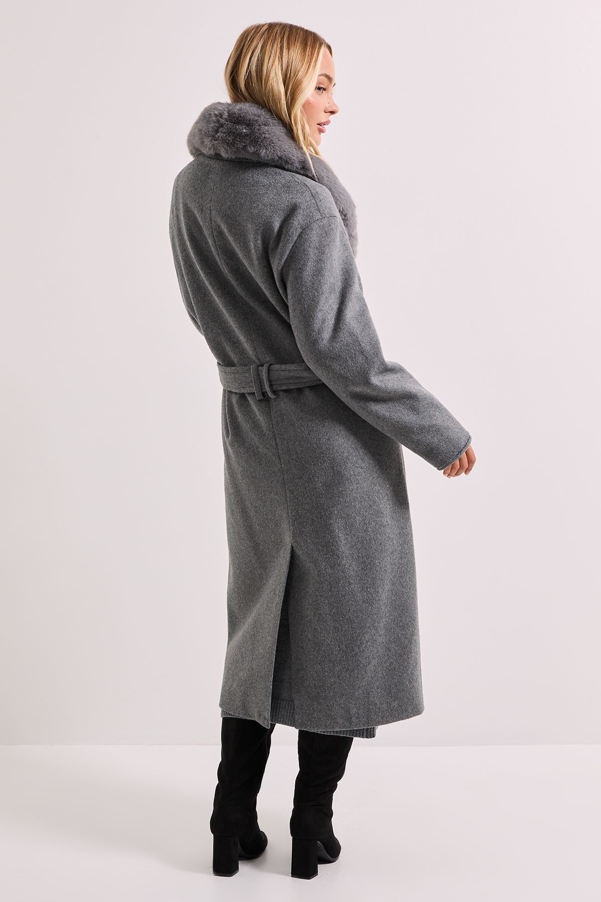 Dorothy Perkins Faux Fur Collar Belted Longline Coat Grey image 3