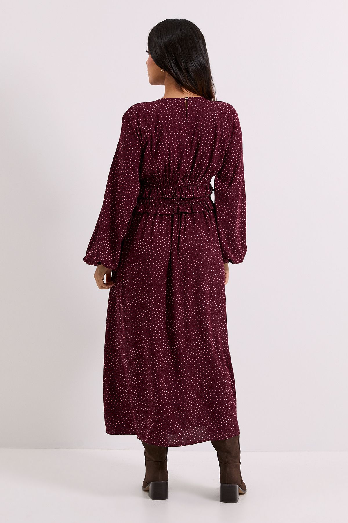 Dorothy Perkins Petite Berry Spot Frill Waist Blouson Sleeve Midi Dress Berry image 3