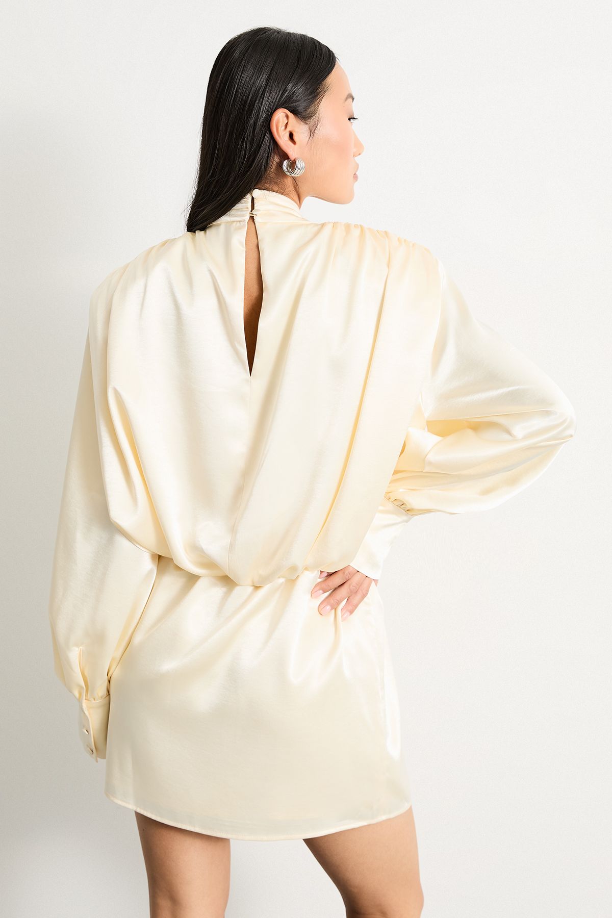 Warehouse Petite Extreme Shoulder Draped Satin Mini Dress Cream image 3