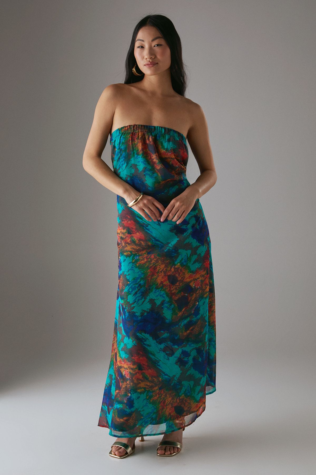 Warehouse Petite Chiffon Elasticated Back Bandeau Maxi Dress Blue