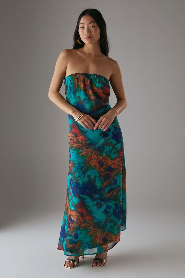 Warehouse Petite Chiffon Elasticated Back Bandeau Maxi Dress Blue