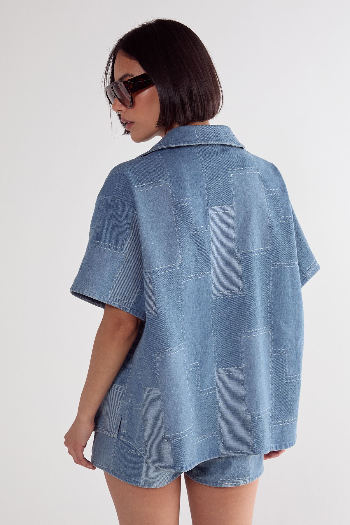 NastyGal Denim Patchwork Contrast Stitch Resort Shirt Mid Blue image 4