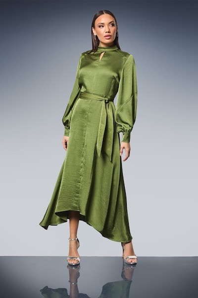 Principles Tie Waist High Neck Satin Midi Dress Olive