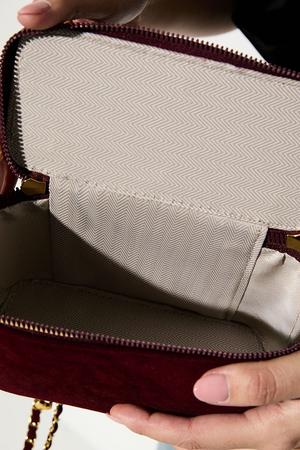 MissPap Faux Suede Grab Bag With Crossbody Chain Strap Burgundy image 3