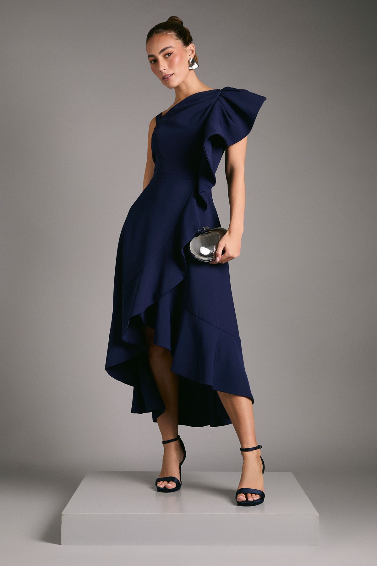 Coast One Shoulder Crepe Ruffle Midi Dress Navy image 1