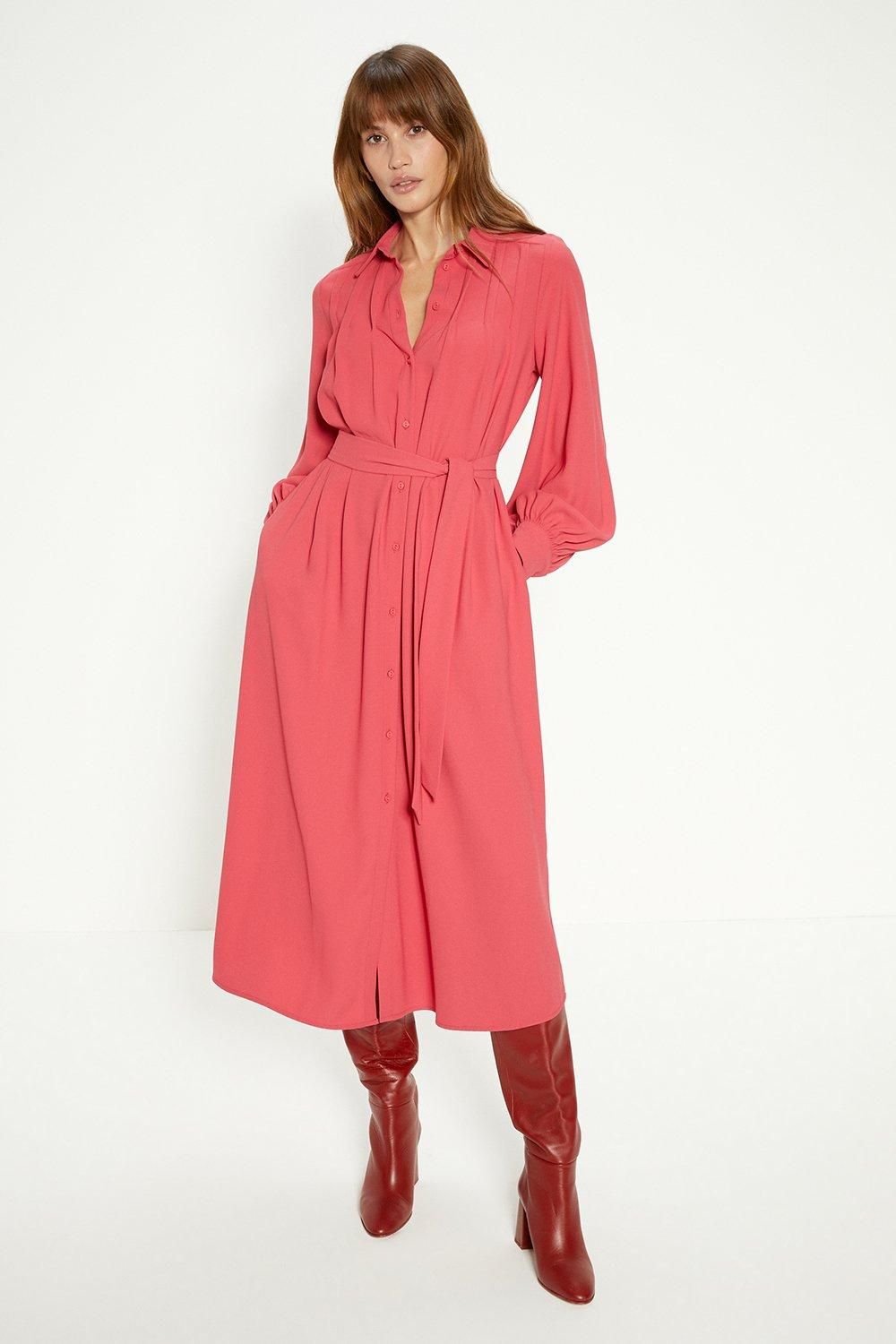 Oasis Petite Crepe Pin-tuck Belted Shirt Dress Pink image 1