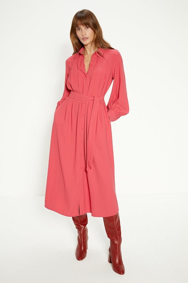Oasis Petite Crepe Pin-tuck Belted Shirt Dress Pink