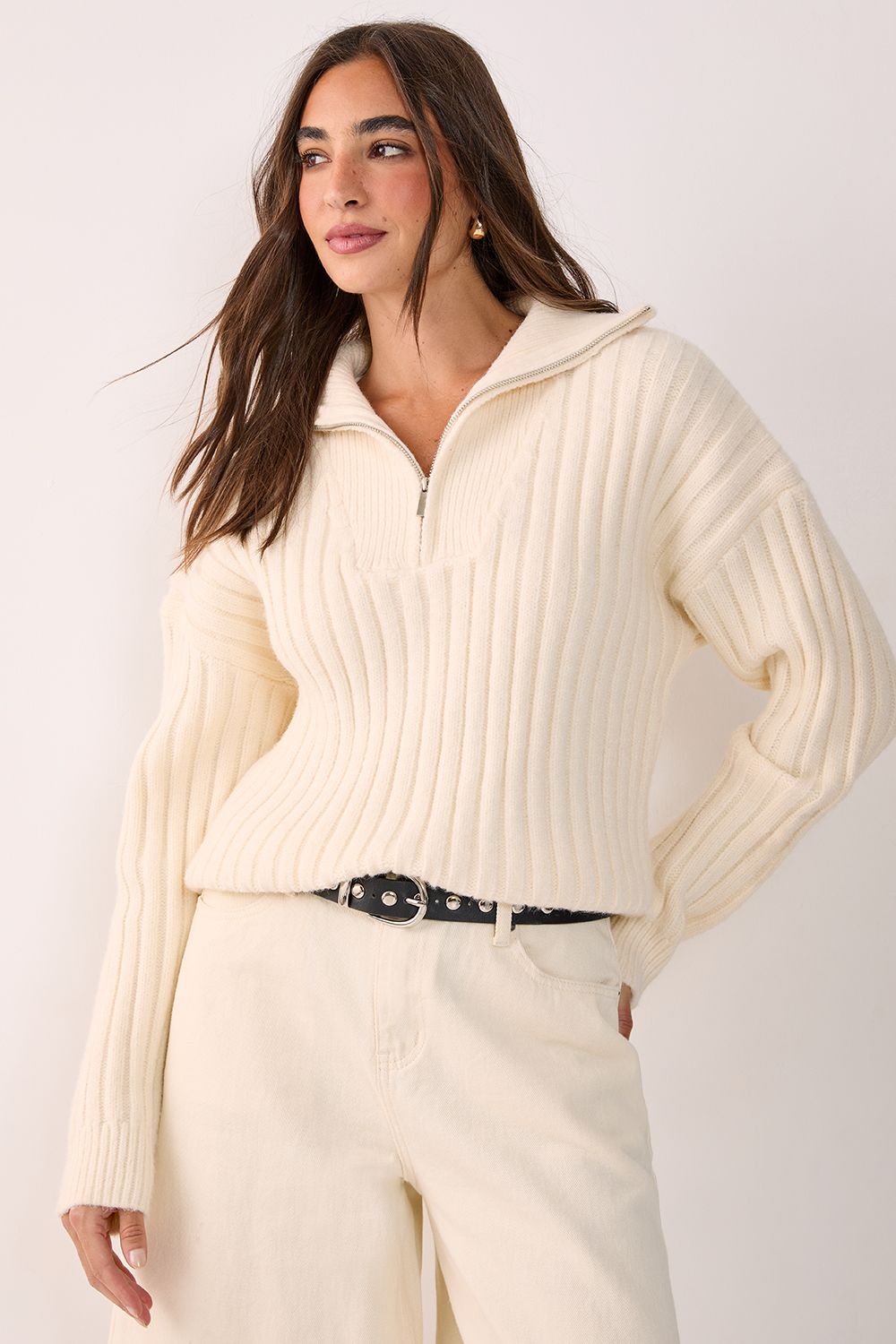 NastyGal Ribbed Knitted Quarter Zip Jumper Cream image 1