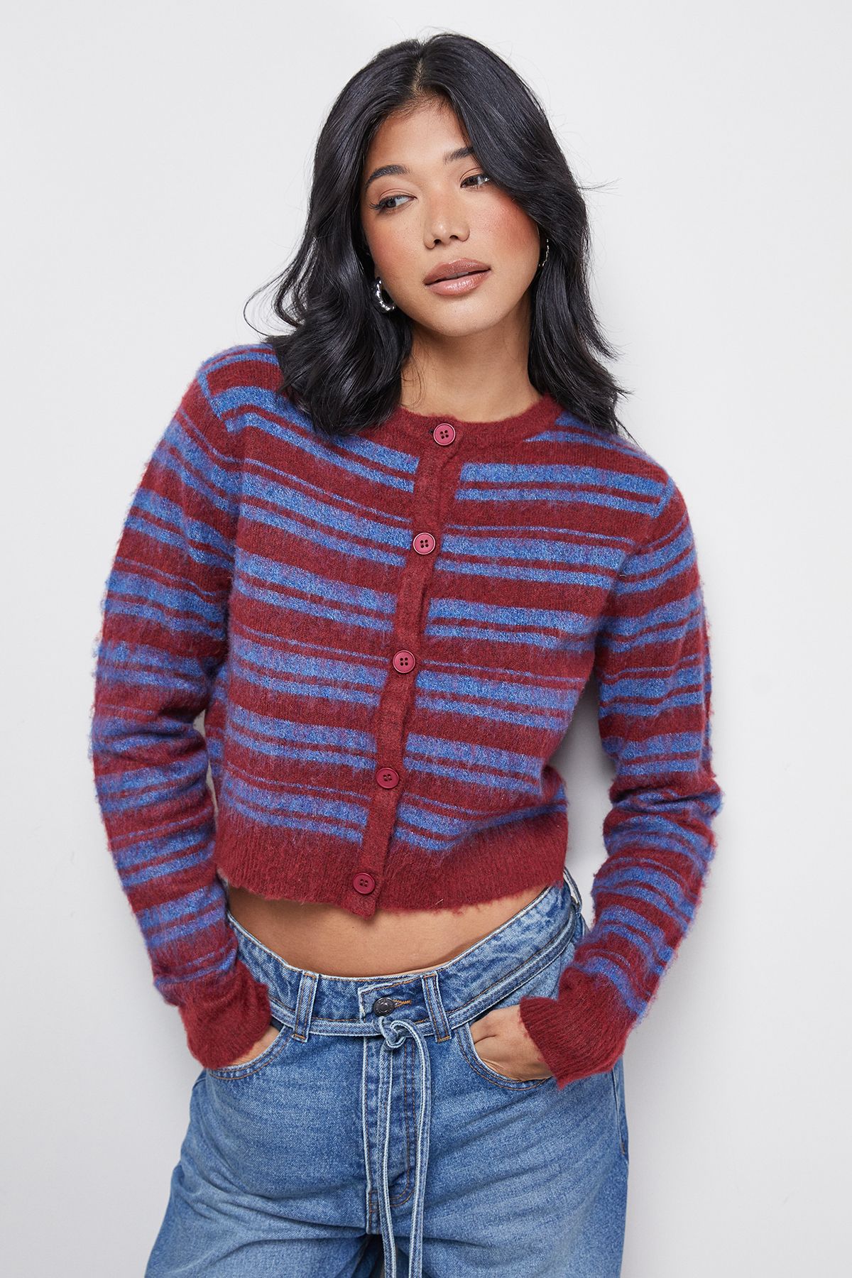 Warehouse Fluffy Striped Cardigan Blue image 1