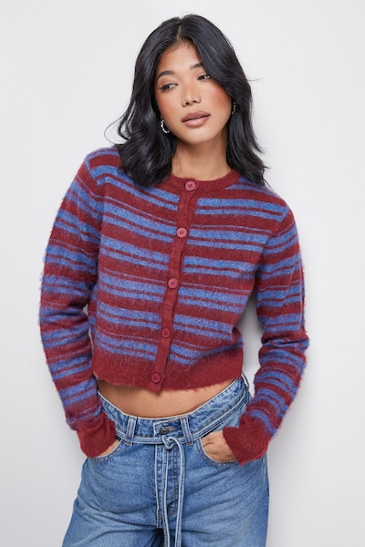 Warehouse Fluffy Striped Cardigan Blue