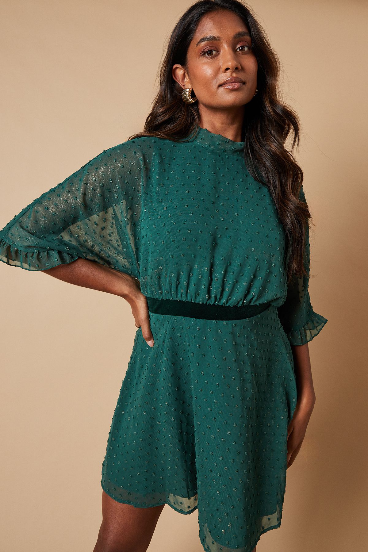 Oasis Occasion Glitter High Neck Mini Dress Green image 4