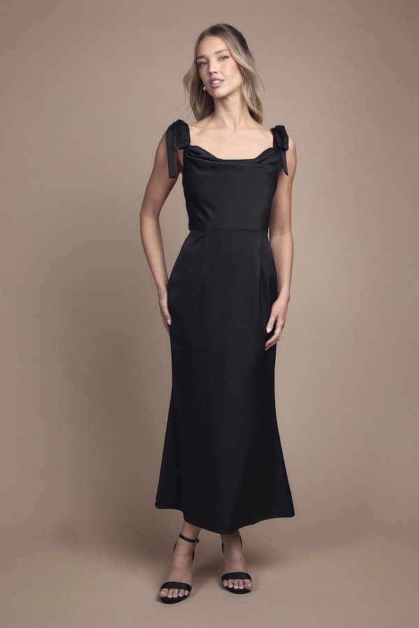 Oasis Satin Tie Shoulder Cowl Front Midi Bridesmaid Dress Black Black