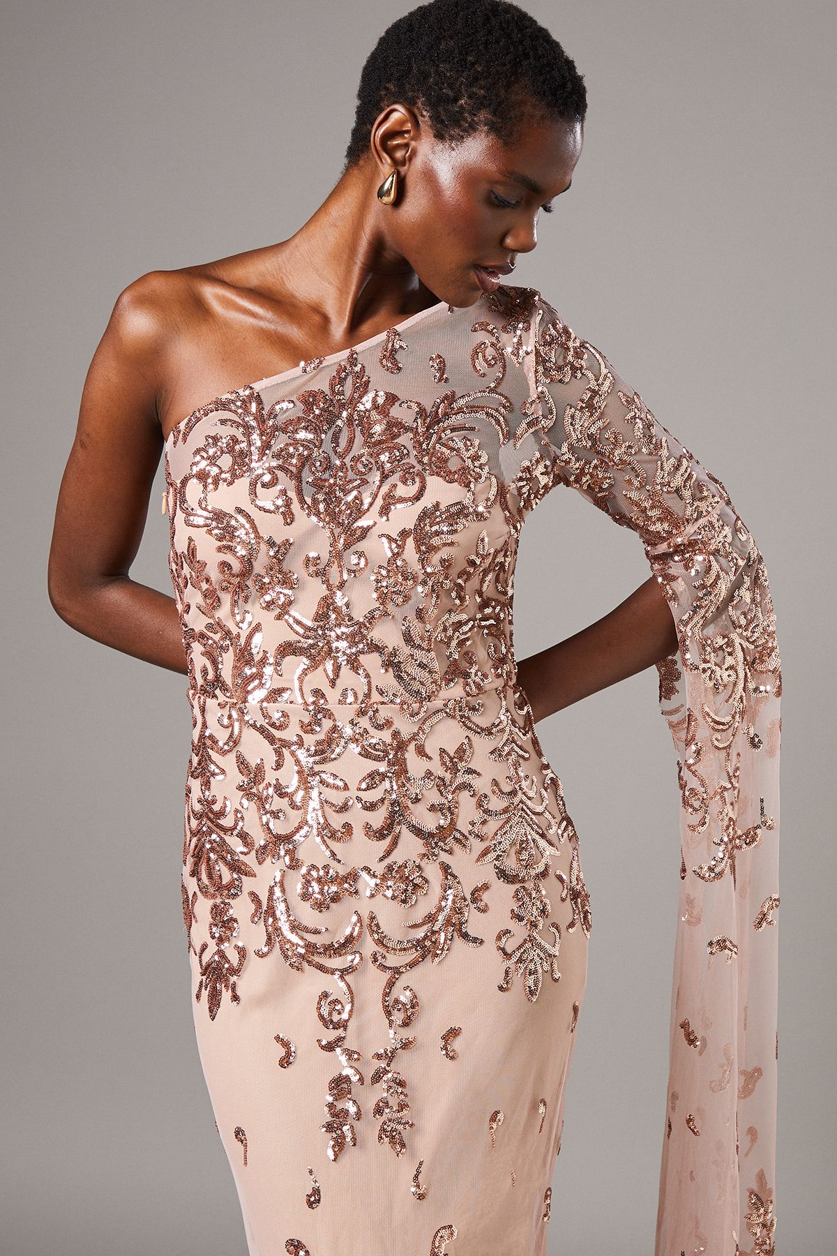 Coast One Shoulder Maxi Dress In Lace With Cape Sleeve Champagne image 2